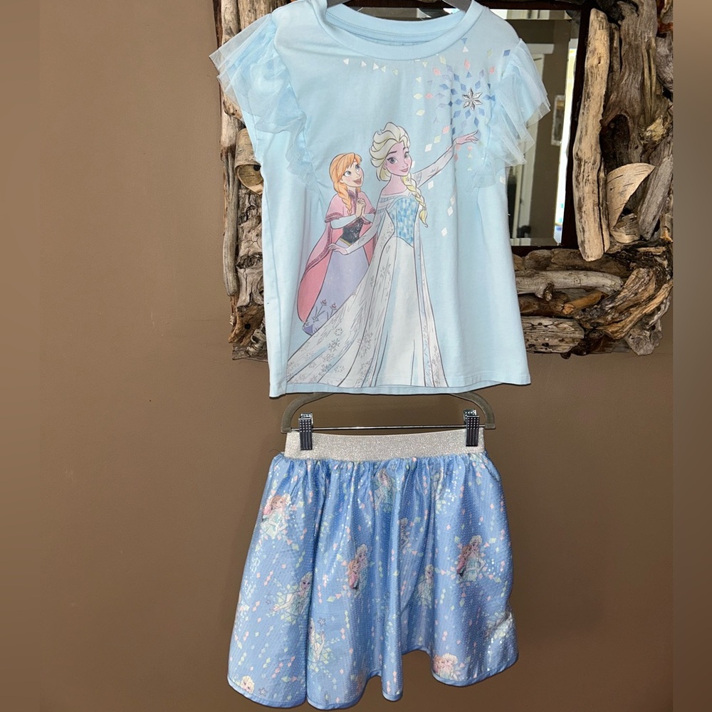 Disney Frozen Girls Top & Skirt Set with Elsa & Anna Graphic